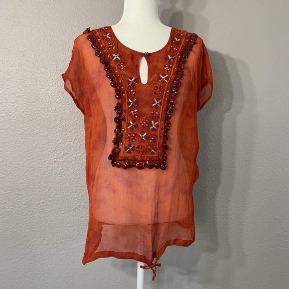 Chicos Swim Coverup Women's 0/Small‎ 100% Silk Gauze Embroidered Beaded Resort - Picture 1 of 7